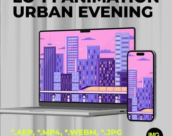 May include: A laptop and smartphone display a digital illustration of a city skyline in shades of purple and pink. The text "LO-FI ANIMATION URBAN EVENING" is at the top. Below are file type and resolution details. The logo for IMG visuals is in the bottom right.