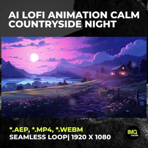 Könnte beinhalten: Digitales Kunstwerk einer ruhigen Nachtszene auf dem Land mit Vollmond, Bergen und einem Haus mit beleuchteten Fenstern. Der Text "AI LOFI ANIMATION CALM COUNTRYSIDE NIGHT" steht oben. Der Text unten lautet "*.AEP, *.MP4, *.WEBM SEAMLESS LOOP| 1920 X 1080".