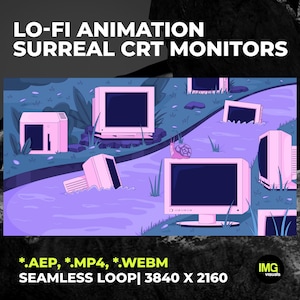 Puede incluir: Ilustración animada de monitores CRT surrealistas en un río. Los monitores son rosas y blancos, con pantallas oscuras. La escena incluye un caracol y vegetación. El texto en la parte superior dice "LO-FI ANIMATION SURREAL CRT MONITORS".