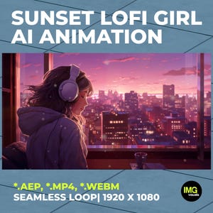 May include: Digital art of a girl wearing headphones, gazing at a city skyline during sunset. The image features a warm color palette of pinks, purples, and oranges. Text at the top reads "SUNSET LOFI GIRL AI ANIMATION". The bottom text includes file formats and resolution.
