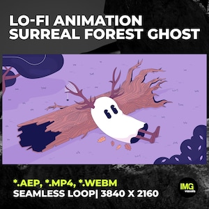 May include: An animated illustration with the text "LO-FI ANIMATION SURREAL FOREST GHOST". The image features a cartoon ghost lying on a fallen tree in a surreal forest setting. The background is a purple hue with trees and leaves.