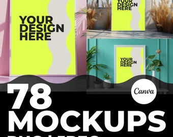 Paquete de 78 maquetas de marcos de pared para Canva: maquetas de arte mural para interiores / Archivos PNG, JPEG y editables de Canva