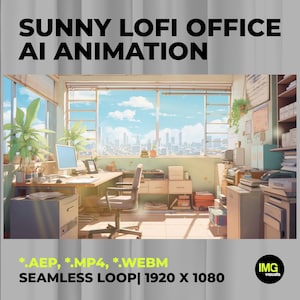 Op de afbeelding: Illustratie van een zonnig kantoorinterieur met een groot raam met uitzicht op een stadsgezicht. De tekst "SUNNY LOFI OFFICE AI ANIMATION" staat bovenaan. De afbeelding bevat een bureau, stoel, computer en planten. De onderste tekst luidt: *.AEP, *.MP4, *.WEBM SEAMLESS LOOP| 1920 X 1080.