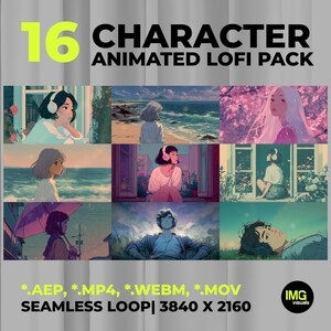 Peut inclure: Une collection numérique intitulée 16 CHARACTER ANIMATED LOFI PACK présentant neuf illustrations de style anime montrant des personnages dans divers décors, comme des côtes, des rues pluvieuses et des intérieurs, avec les formats .AEP, .MP4, .WEBM, .MOV.