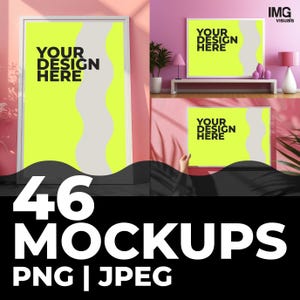 May include: A mockup image featuring three framed art prints with the text "YOUR DESIGN HERE" on a bright yellow background with a white and gray design. The image also includes the text "46 MOCKUPS PNG | JPEG".