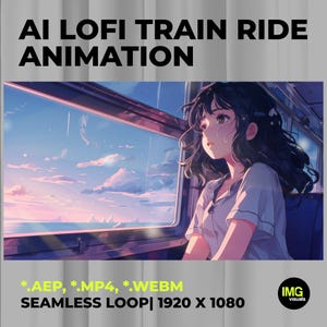 Peut inclure: Illustration de style anime d'une personne regardant par la fenêtre d'un train au coucher du soleil. L'image est intitulée "AI LOFI TRAIN RIDE ANIMATION" avec des informations sur le type de fichier et les détails de la résolution.