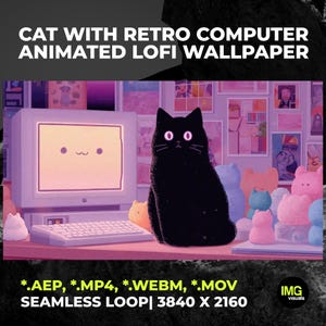 May include: An animated digital wallpaper featuring a black cat with pink eyes sitting near a retro computer. The image has a soft, pastel color palette and includes the text "CAT WITH RETRO COMPUTER ANIMATED LOFI WALLPAPER".