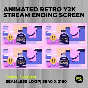Può includere: Schermata di fine streaming animata retrò Y2K. Quattro pannelli mostrano uno sfondo rosa, una cartella con un volto e una faccina gialla. Il testo include "Stream Ending", "Stream Offline", "Be Right Back" e "Starting Soon". Loop senza interruzioni, risoluzione 3840 x 2160.