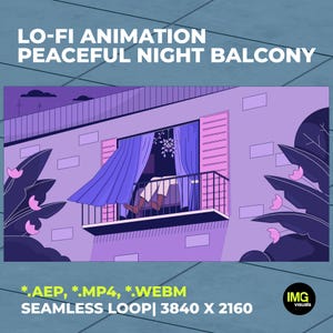 Lofi Animation Peaceful Night Balcony | Urban Slow Living | Lo-Fi Seamless Loop Video for Stream, YouTube, Twitch | Desktop Live Wallpaper