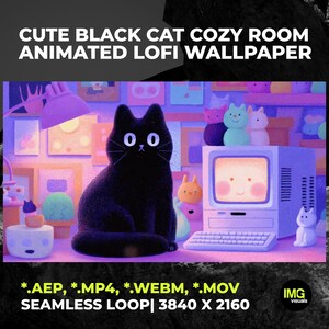 Puede incluir: Un fondo de pantalla digital animado con un gato negro sentado en una habitación con una computadora, un teclado y varias figuras pequeñas. El texto dice CUTE BLACK CAT COZY ROOM ANIMATED LOFI WALLPAPER, *.AEP, *.MP4, *.WEBM, *.MOV, SEAMLESS LOOP| 3840 X 2160.
