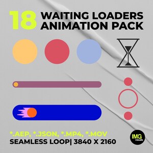 以下が含まれることがあります： 「18 WAITING LOADERS ANIMATION PACK」のテキストと、黄色、赤、青のアニメーションローディングアイコンが特徴のグラフィックデザイン。ファイルの種類と解像度の詳細が含まれています。