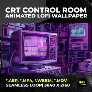 May include: A CRT control room animated lofi wallpaper featuring a vintage television set with a purple screen, surrounded by electronic equipment, cables, and monitors. The text reads CRT CONTROL ROOM ANIMATED LOFI WALLPAPER, *.AEP, *.MP4, *.WEBM, *.MOV SEAMLESS LOOP| 3840 X 2160.