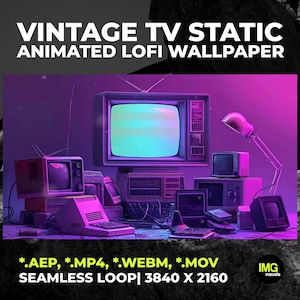 May include: VINTAGE TV STATIC ANIMATED LOFI WALLPAPER. A collection of retro televisions and computer monitors in purple and blue lighting. The screen displays static. Text includes *.AEP, *.MP4, *.WEBM, *.MOV SEAMLESS LOOP| 3840 X 2160.