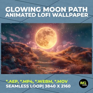Könnte beinhalten: Ein animiertes digitales Hintergrundbild mit dem Titel GLOWING MOON PATH ANIMATED LOFI WALLPAPER, das einen großen, hellen orangefarbenen Mond über einer Steintreppe in einer grasbewachsenen, dunklen Landschaft unter einem Sternenhimmel zeigt. Formate *.AEP, *.MP4, *.WEBM, *.MOV, SEAMLESS LOOP, 3840 X 2160.