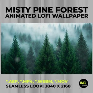 Può includere: MISTY PINE FOREST ANIMATED LOFI WALLPAPER. Una grafica digitale che mostra pini verde scuro avvolti in una fitta nebbia. Il testo include i formati *.AEP, *.MP4, *.WEBM, *.MOV, SEAMLESS LOOP, 3840 X 2160 e il logo IMG visuals.