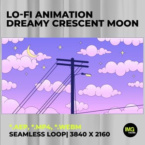 Op de afbeelding: Een geanimeerde afbeelding met de tekst "LO-FI ANIMATION DREAMY CRESCENT MOON". De afbeelding toont een paarse en blauwe lucht met pluizige roze wolken, sterren en een halve maan. Een telefoonpaal staat op de voorgrond.