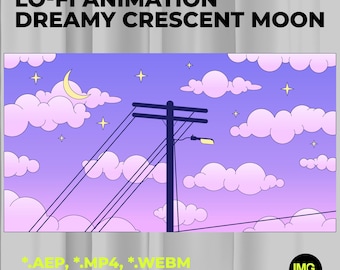 Könnte beinhalten: Animierte Grafik mit dem Text "LO-FI ANIMATION DREAMY CRESCENT MOON". Das Bild zeigt einen lila und blauen Himmel mit flauschigen rosa Wolken, Sternen und einem Halbmond. Ein Telefonmast befindet sich im Vordergrund.