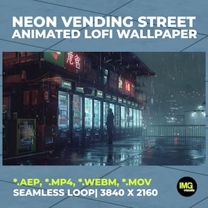 以下が含まれることがあります： NEON VENDING STREET ANIMATED LOFI WALLPAPERというタイトルのアニメーションデジタル壁紙。雨の夜の街並み、ライトアップされた自動販売機、人影、赤いネオンサインが描かれています。ファイル形式は*.AEP、*.MP4、*.WEBM、*.MOVです。
