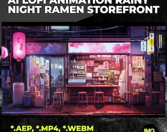 Pode incluir: Animação de uma loja de ramen à noite, com lanternas de papel rosa e flores de cerejeira. O texto diz "AI LOFI ANIMATION RAINY NIGHT RAMEN STOREFRONT". A imagem é um loop contínuo em resolução 1920 x 1080.