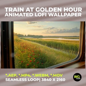 Op de afbeelding: Een geanimeerde lofi-achtergrond getiteld TRAIN AT GOLDEN HOUR. Het uitzicht vanuit een treinraam toont een grasveld met rode bloemen, een waterpartij en een zonsondergang. Bestandsformaten .AEP, .MP4, .WEBM, .MOV met 3840 x 2160 resolutie.