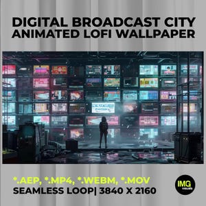 Könnte beinhalten: Digital Broadcast City Animiertes Lofi-Hintergrundbild mit einem Raster aus leuchtenden Bildschirmen, die verschiedene Szenen zeigen. Eine Silhouette steht vor der Monitorwand. Text umfasst .AEP, .MP4, .WEBM, .MOV, SEAMLESS LOOP und 3840 X 2160.