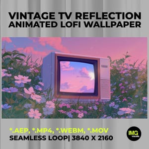 Può includere: Un televisore vintage con uno schermo che mostra un tramonto, ambientato in un campo di fiori. Il testo "VINTAGE TV REFLECTION ANIMATED LOFI WALLPAPER" è in alto. L'immagine include informazioni sui tipi di file e sulla risoluzione.
