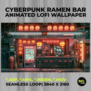 Puede incluir: Una ilustración digital de un bar de ramen cyberpunk con linternas rojas brillantes, una máquina expendedora y una barra con taburetes. El texto dice CYBERPUNK RAMEN BAR ANIMATED LOFI WALLPAPER, *.AEP, *.MP4, *.WEBM, *.MOV, SEAMLESS LOOP| 3840 X 2160.