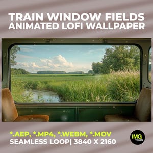 以下が含まれることがあります： TRAIN WINDOW FIELDS ANIMATED LOFI WALLPAPERというテキストが書かれたデジタル画像。列車の窓から見える緑の野原、背の高い草、小川、雲のある青い空。手前には2つの茶色の座席が見える。