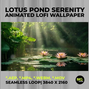 Puede incluir: LOTUS POND SERENITY ANIMATED LOFI WALLPAPER. Una escena digital de flores de loto rosas flotando en un estanque oscuro con nenúfares verdes. Rayos de sol se filtran a través de los árboles. Incluye archivos *.AEP, *.MP4, *.WEBM, *.MOV, 3840 X 2160.