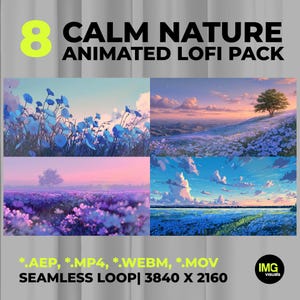 May include: A digital media pack titled 8 CALM NATURE ANIMATED LOFI PACK featuring four distinct nature scenes with blue and purple flowers, trees, and skies. The text includes file formats *.AEP, *.MP4, *.WEBM, *.MOV, SEAMLESS LOOP, and 3840 X 2160.