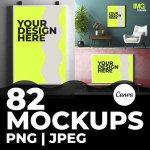 May include: An image showcasing three mockups with the text "YOUR DESIGN HERE" on a bright yellow background with a wavy grey design. The image also includes the text "82 MOCKUPS PNG | JPEG" and the Canva logo.