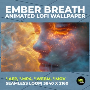 Può includere: Sfondo animato lofi Ember Breath con un primo piano di un volto circondato da fuoco arancione brillante e fumo blu. Il testo recita EMBER BREATH ANIMATED LOFI WALLPAPER, *.AEP, *.MP4, *.WEBM, *.MOV, SEAMLESS LOOP, 3840 X 2160, IMG visuals.