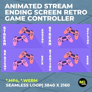 Animated Gamer Stream Screens Pack | Starting Soon, BRB, Offline & Ending | Twitch OBS Overlay with Game Controllers | Loops for VTubers
