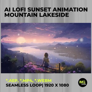 Könnte beinhalten: Animierte digitale Illustration mit dem Titel "AI Lofi Sunset Animation Mountain Lakeside". Das Bild zeigt einen Sonnenuntergang über einem See und Bergen, mit einer Figur auf einem Holzgeländer. Verfügbar in .AEP-, .MP4- und .WEBM-Formaten, nahtlose Schleife, 1920 x 1080 Auflösung.