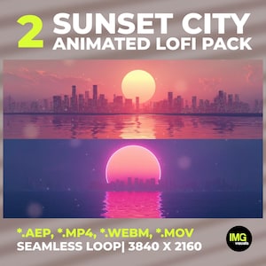 Puede incluir: Un producto multimedia digital titulado 2 SUNSET CITY ANIMATED LOFI PACK que presenta dos escenas horizontales de horizontes urbanos al atardecer sobre el agua. El texto incluye formatos *.AEP, *.MP4, *.WEBM, *.MOV, SEAMLESS LOOP y 3840 X 2160.