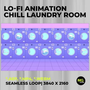 May include: A digital illustration of a laundry room with purple washing machines. The machines have round windows with animated scenes of clouds and waves. The text "LO-FI ANIMATION CHILL LAUNDRY ROOM" is at the top.
