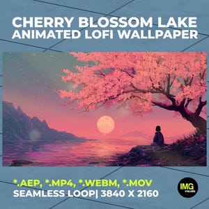 Könnte beinhalten: Digitaler Hintergrund mit einem Kirschblütenbaum über einem See bei Sonnenuntergang. Das Bild hat ein rosa und lila Farbschema mit einem Vollmond. Der Text oben lautet "CHERRY BLOSSOM LAKE ANIMATED LOFI WALLPAPER".
