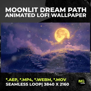 May include: MOONLIT DREAM PATH ANIMATED LOFI WALLPAPER. A digital illustration of a stone staircase leading up a grassy hill under a large yellow moon in a purple night sky with floating light particles. Includes *.AEP, *.MP4, *.WEBM, *.MOV files.