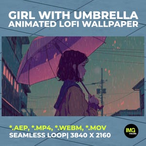 Può includere: Sfondo animato lofi con una ragazza con un ombrello sotto la pioggia. L'immagine ha uno schema di colori viola e rosa, con il testo "GIRL WITH UMBRELLA ANIMATED LOFI WALLPAPER" in alto. La parte inferiore mostra informazioni sul tipo di file e sulla risoluzione.