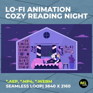 Op de afbeelding: Illustratie van een gezellige lezingnacht. Een persoon leest op een roze bank in een huis, met een sterrenhemel zichtbaar door het raam. De afbeelding bevat de tekst "LO-FI ANIMATION COZY READING NIGHT".