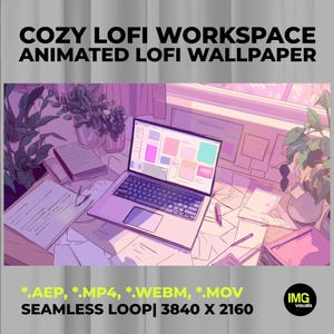 Può includere: Un'illustrazione digitale animata di uno spazio di lavoro con un portatile, fogli sparsi e piante in vaso in una stanza dai toni viola. Testo: COZY LOFI WORKSPACE ANIMATED LOFI WALLPAPER, *.AEP, *.MP4, *.WEBM, *.MOV, SEAMLESS LOOP| 3840 X 2160.