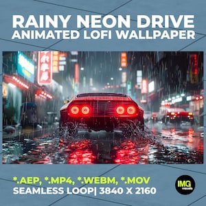 Animated Lofi Rainy Neon Drive / Sfondo animato, Video salvaschermo City Car 4K / Animazione in loop Synthwave Vibe / Download digitale