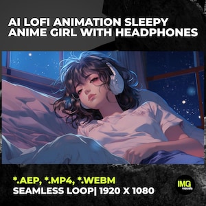 Puede incluir: Ilustración de estilo anime de una chica con auriculares, acostada en la cama. La imagen tiene una escena nocturna con un cielo estrellado visible a través de una ventana. El texto en la parte superior dice "AI LOFI ANIMATION SLEEPY ANIME GIRL WITH HEADPHONES".