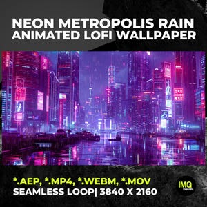 Może przedstawiać: Cyfrowa tapeta przedstawiająca deszczową panoramę miasta w neonowych odcieniach fioletu i błękitu. Tekst: NEON METROPOLIS RAIN ANIMATED LOFI WALLPAPER. Formaty plików: *.AEP, *.MP4, *.WEBM, *.MOV o rozdzielczości 3840 X 2160.