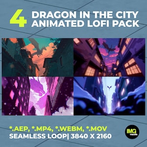 Könnte beinhalten: Eine digitale Mediensammlung mit dem Titel 4 DRAGON IN THE CITY ANIMATED LOFI PACK, die vier verschiedene Szenen von Drachen über städtischen Umgebungen zeigt. Die Dateien sind in den Formaten .AEP, .MP4, .WEBM und .MOV in 3840 x 2160 verfügbar.
