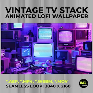 Puede incluir: Un gráfico digital titulado VINTAGE TV STACK ANIMATED LOFI WALLPAPER que muestra una pila de televisores retro y equipos electrónicos iluminados con luz púrpura y azul, incluyendo los formatos .AEP, .MP4, .WEBM, .MOV.