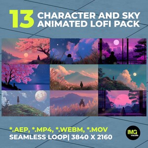 以下が含まれることがあります： 「13 Character and Sky Animated Lofi Pack」と題されたデジタルコレクション。桜、山、都市の風景の中に人物がいる9つのシーンで構成されています。ファイル形式は.AEP、.MP4、.WEBM、.MOV、解像度は3840 x 2160です。