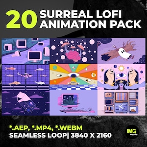 Könnte beinhalten: Werbebild für ein surreales Lofi-Animationspaket. Das Bild zeigt ein Raster von neun farbenfrohen, stilisierten Illustrationen mit dem Text "20 SURREAL LOFI ANIMATION PACK". Das Bild enthält auch Informationen zu Dateityp und Auflösung.