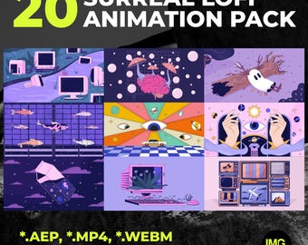 May include: A promotional image for a surreal lofi animation pack. The image features a grid of nine colorful, stylized illustrations with the text "20 SURREAL LOFI ANIMATION PACK". The image also includes file type and resolution information.