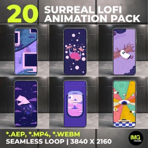 Puede incluir: Una pantalla de producto digital titulada 20 SURREAL LOFI ANIMATION PACK que muestra seis pantallas de teléfonos inteligentes con varias escenas animadas en tonos morados, incluyendo una computadora, un cerebro con hongos, un fantasma, un cartón de leche, una ventana de avión y ojos.
